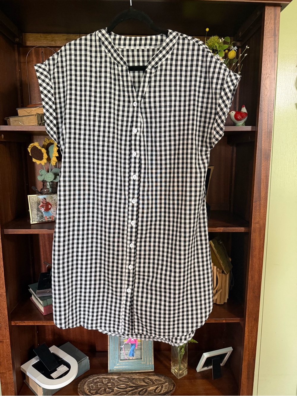 Black and White Gingham Button-Front Midi Dress